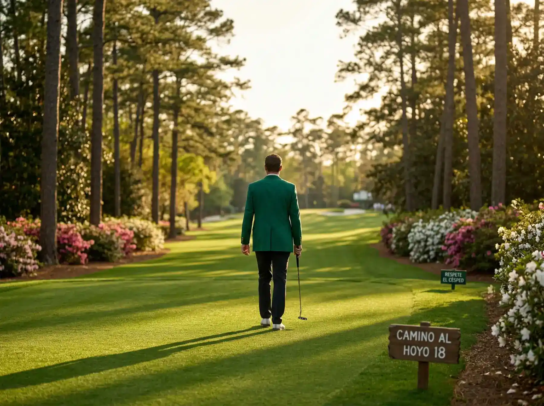 Golfista profesional con chaqueta verde caminando por el fairway de Augusta National al atardecer