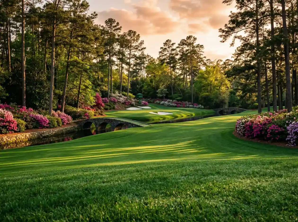 Vista panorámica del campo de Augusta National con el green del hoyo 12 y el arroyo Rae's Creek bajo la luz de la tarde